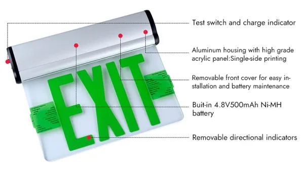 Señal de salida LED con iluminación lateral y panel acrílico transparente/espejado, JELBEX