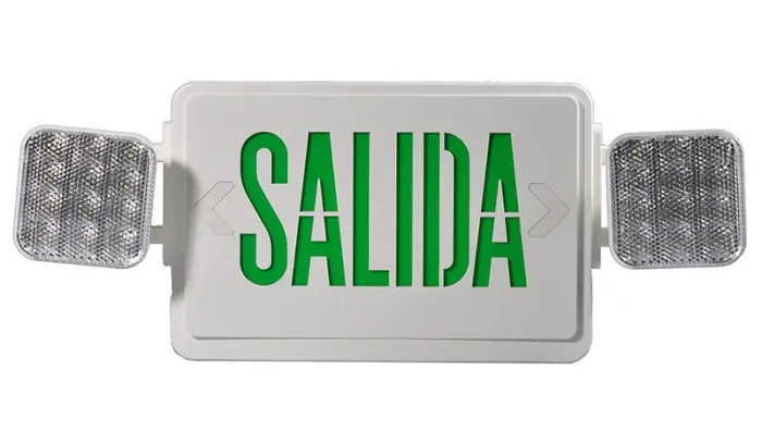 Señal de salida de emergencia con leyenda SALIDA combinado con luminarias LED, JLEC2GW-SA/JLEC2RW-SA