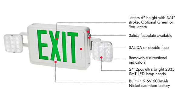 Señal de salida LED combinada con luz de emergencia (letras verdes/rojas), JLEC2GW/JLEC2RW