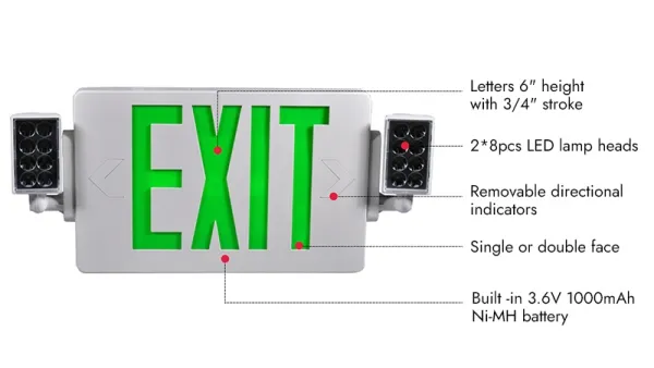 Señal de salida LED combinada con luz de emergencia (letras verdes/rojas), JLECD2GW/JLECD2RW