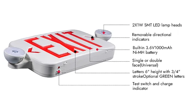 Señal de salida de emergencia LED compacta combinada con luz de emergencia (letras verdes/rojas), JLECE2GW/JLECE2RW